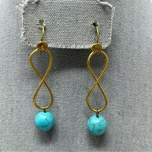 Boho Gold Tone Brass Swirl Knotted Dangle Earrings with Simulated Turquoise Bead
